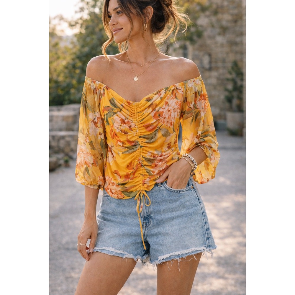 Free Press Yellow‎ Floral Ruched Mesh Top 3/4 Sleeve NWT Large